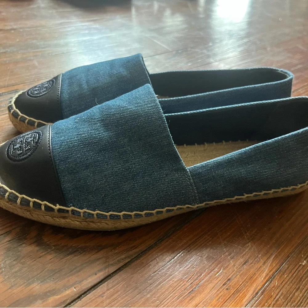 Tory Burch Blue Denim & Black Leather Espadrilles